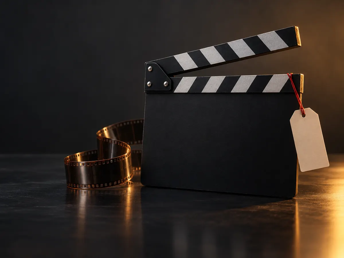 Film clapperboard and film strip with a sale tag, illustrating the Topview T1 Black Friday deal
